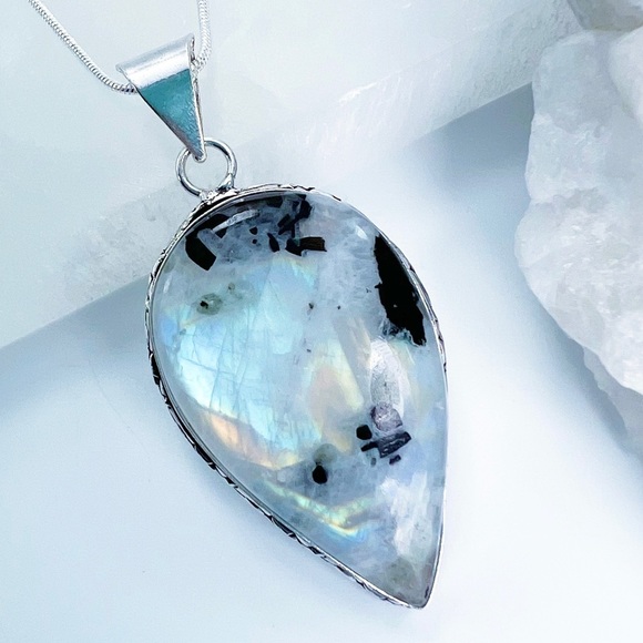 Jewelry - Tourmaline Rainbow MOONSTONE Silver Pendant Necklace Pear Cut New 925